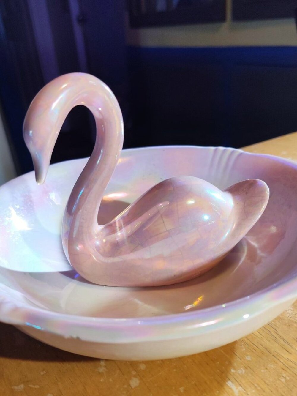 Vintage Pink Iridescent Swan & Bowl Jewelry Dish Set Vanity Decor SHIPS FREE